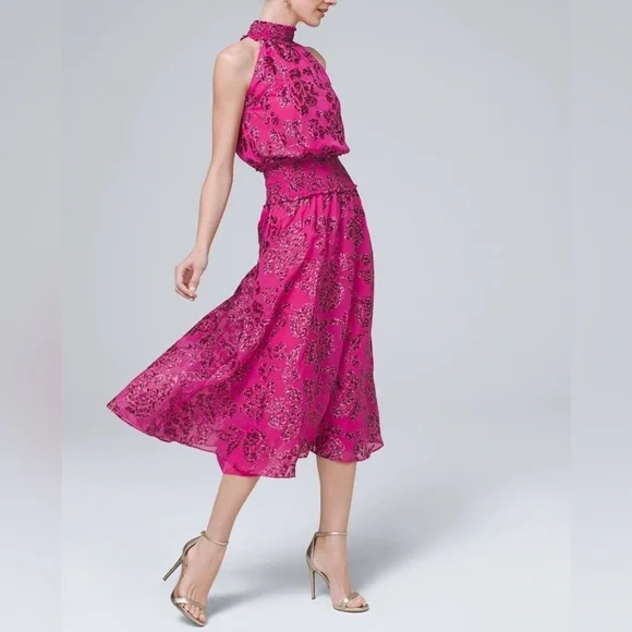 White House Black Market Floral Burnout Smocked Neck Midi Dress - Picture 2 of 12